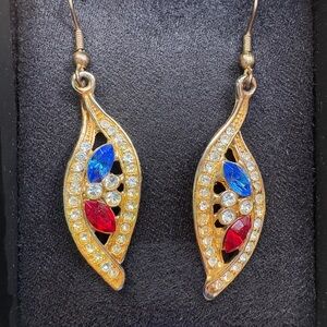 Gold Leaf Earrings with Red and Blue Crystals
